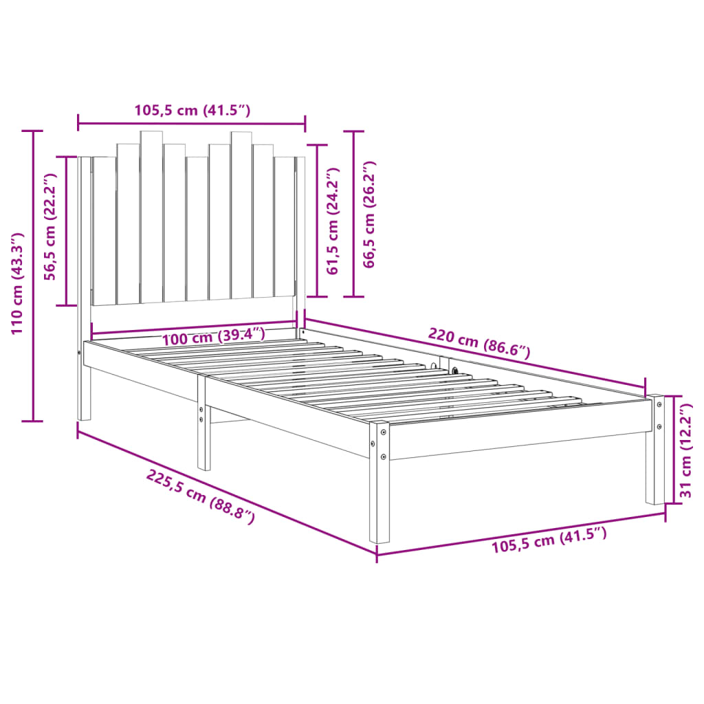 vidaXL Massivholzbett Extra Lang ohne Matratze 100x220 cm