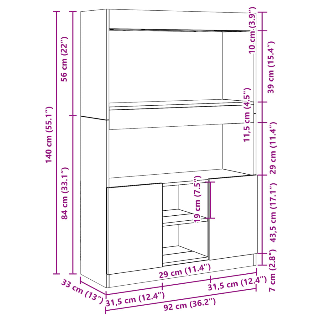 vidaXL Highboard chêne Sonoma 92x33x140 cm en bois d'ingénierie