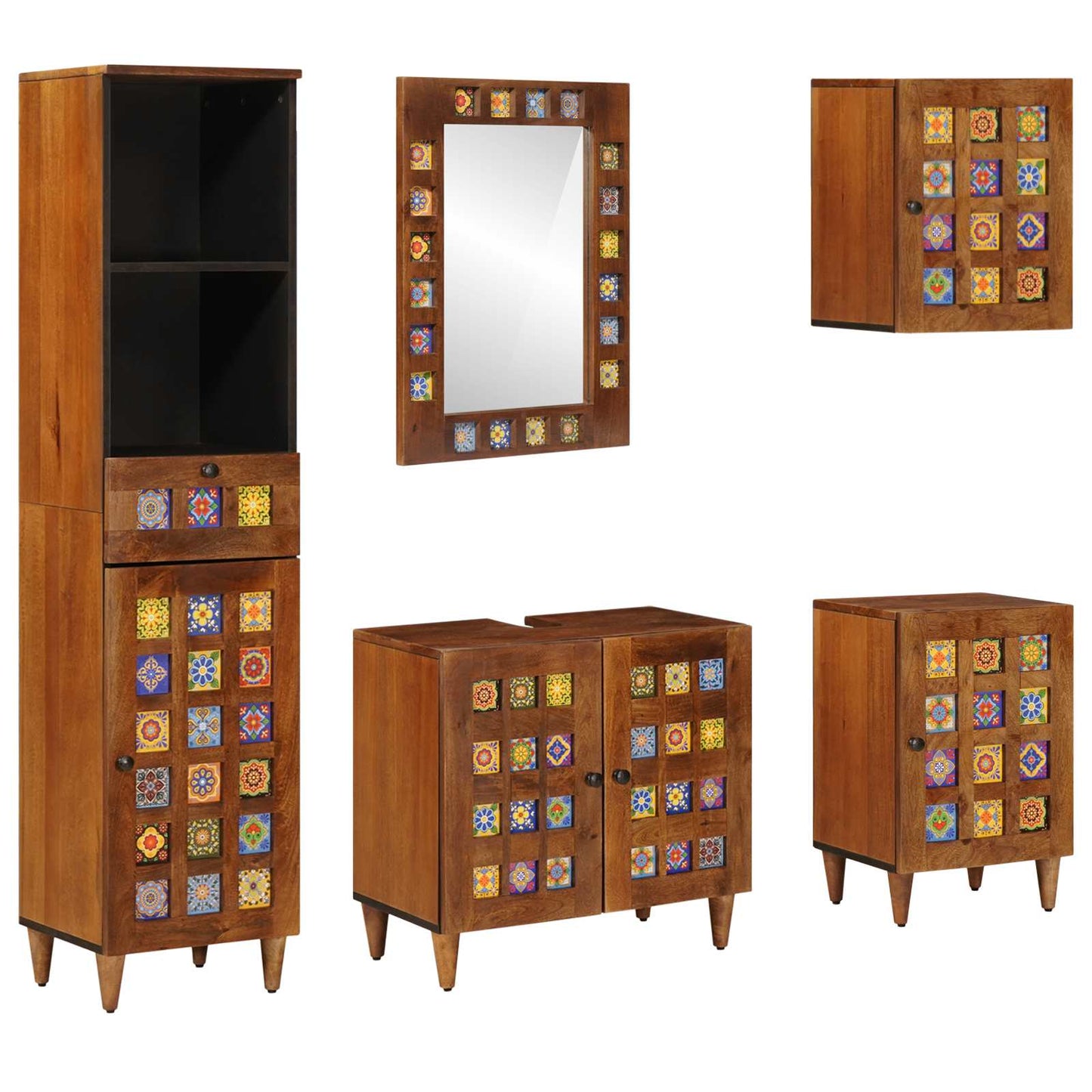 vidaXL Badezimmermöbel-Set mit Regal 5 pcs Walnuss Massivholz Mango