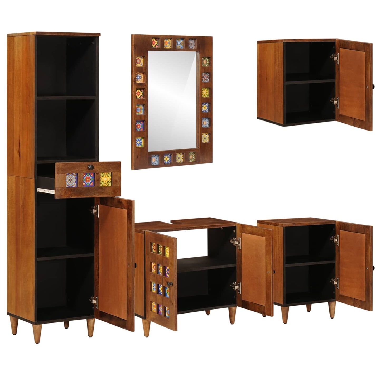vidaXL Badezimmermöbel-Set mit Regal 5 pcs Walnuss Massivholz Mango
