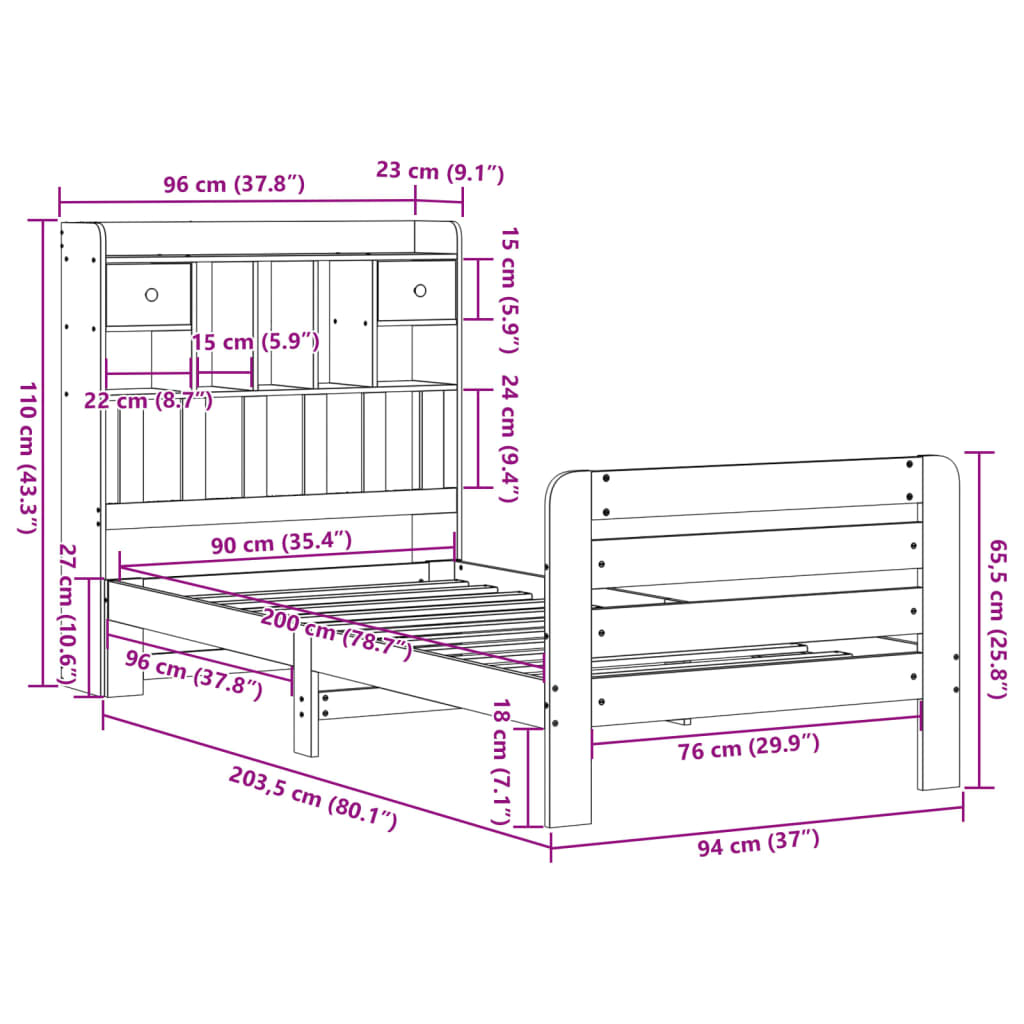 vidaXL Massivholzbett mit Regal ohne Matratze 90x200 cm Kiefer
