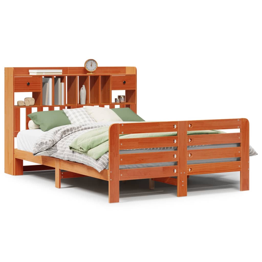 vidaXL Massivholzbett mit Regal ohne Matratze Wachsbraun 140x200 cm