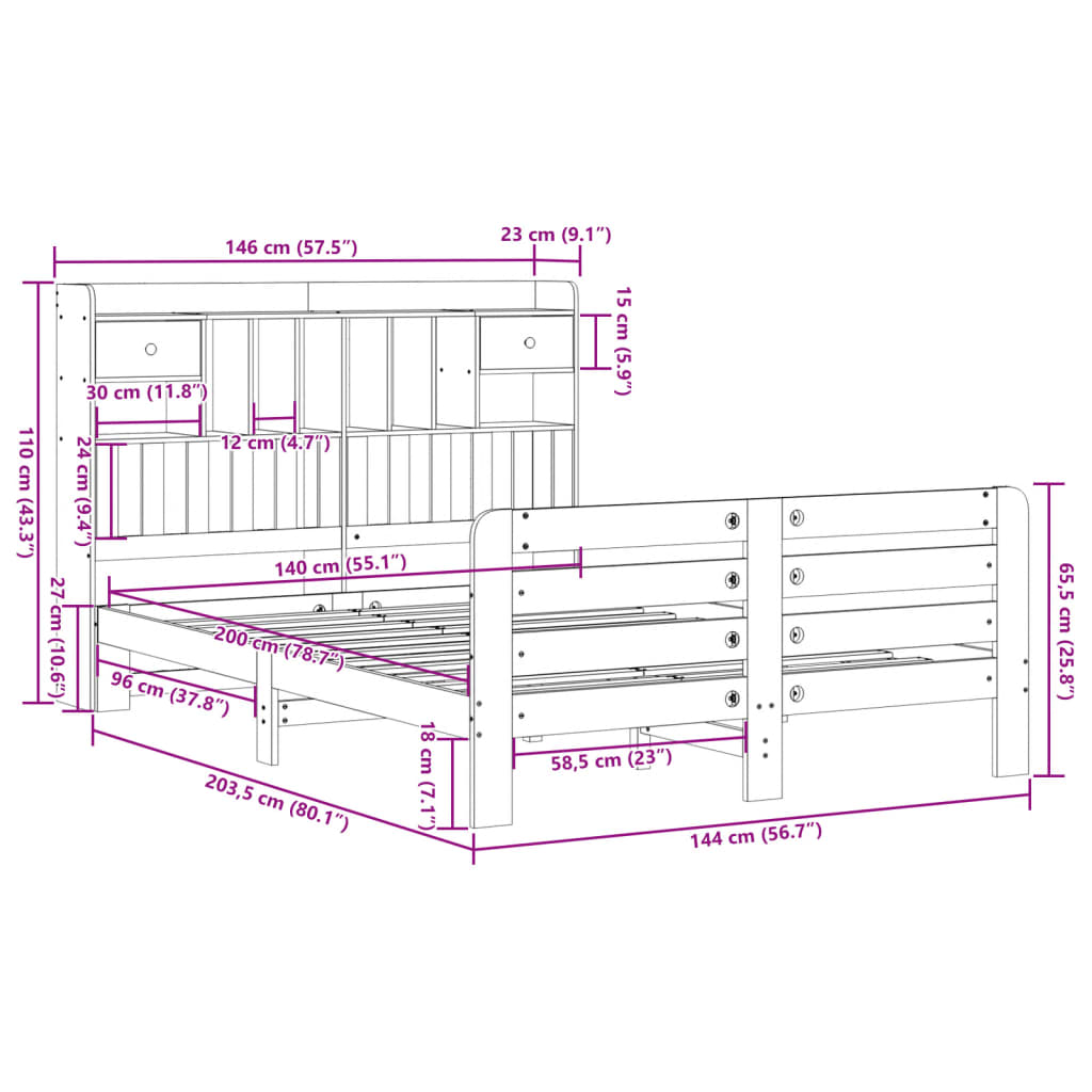 vidaXL Massivholzbett mit Regal ohne Matratze Wachsbraun 140x200 cm