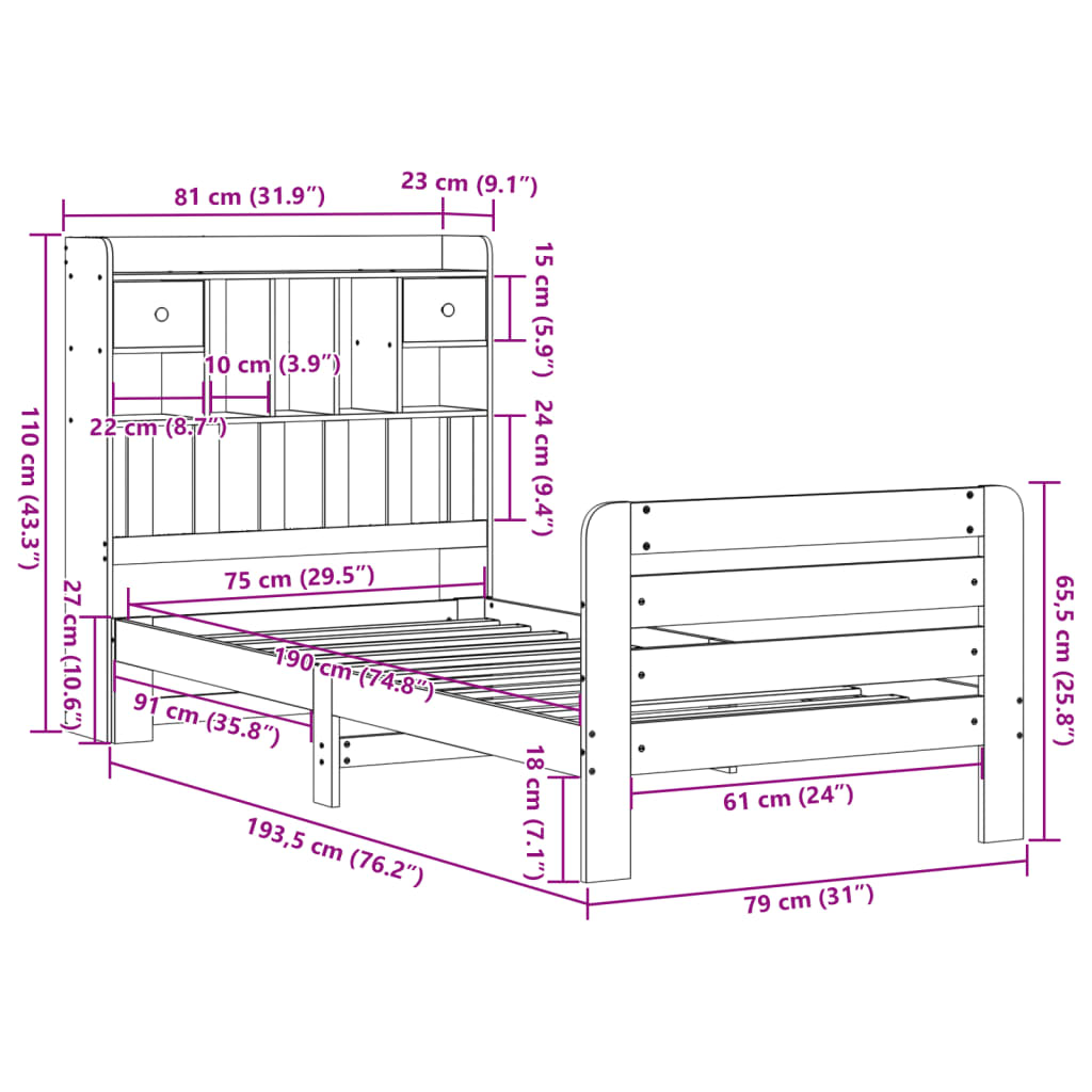 vidaXL Massivholzbett mit Regal ohne Matratze Wachsbraun 75x190 cm