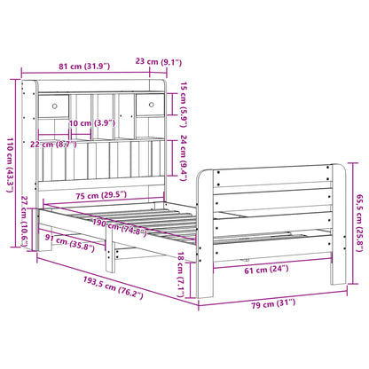 vidaXL Massivholzbett mit Regal ohne Matratze Wachsbraun 75x190 cm