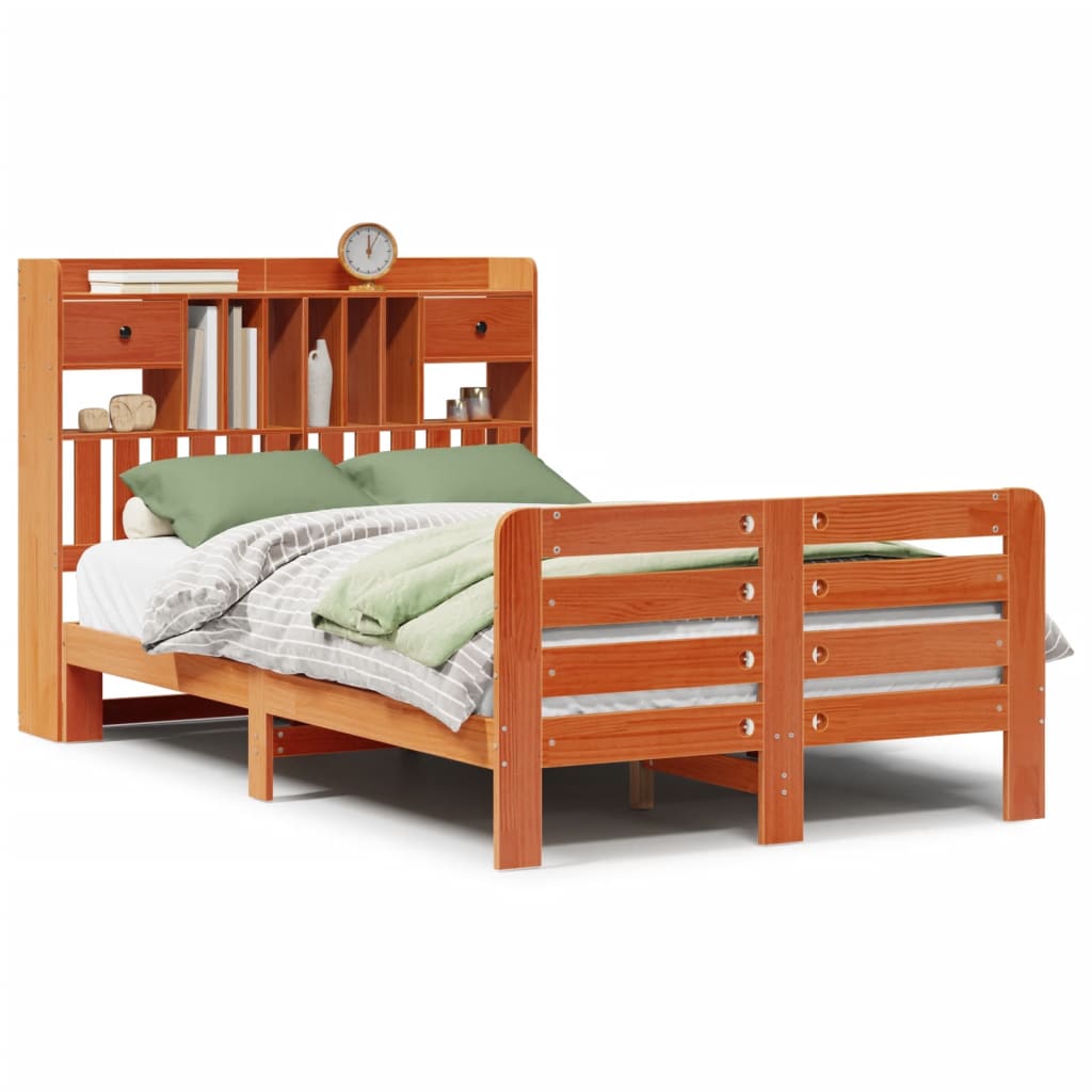 vidaXL Massivholzbett mit Regal ohne Matratze Wachsbraun 135x190 cm