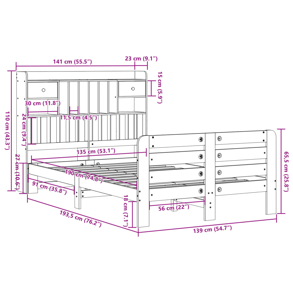 vidaXL Massivholzbett mit Regal ohne Matratze Wachsbraun 135x190 cm