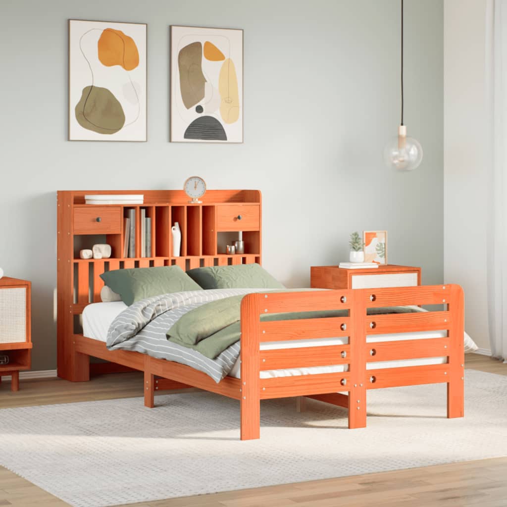 vidaXL Massivholzbett mit Regal ohne Matratze Wachsbraun 135x190 cm
