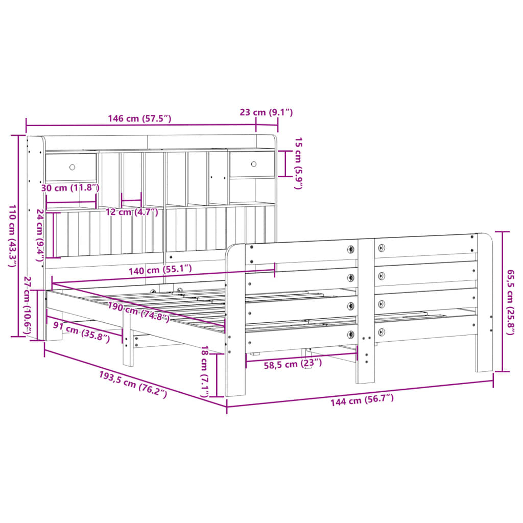 vidaXL Lit en bois massif avec étagère sans matelas Blanc 140x190 cm Pin