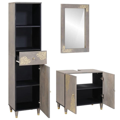 Badezimmerschrank-Set Wandmontiert 3 pcs Grau Massivholz Mango