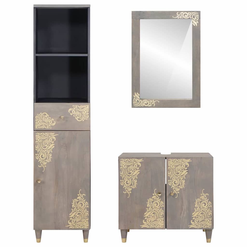 Badezimmerschrank-Set Wandmontiert 3 pcs Grau Massivholz Mango