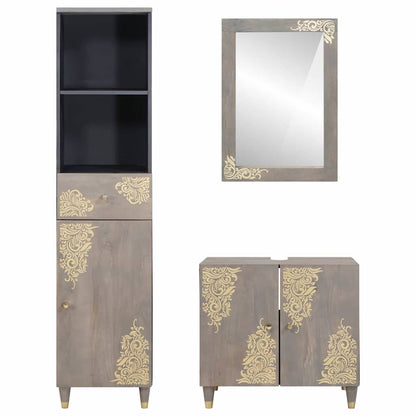 Badezimmerschrank-Set Wandmontiert 3 pcs Grau Massivholz Mango