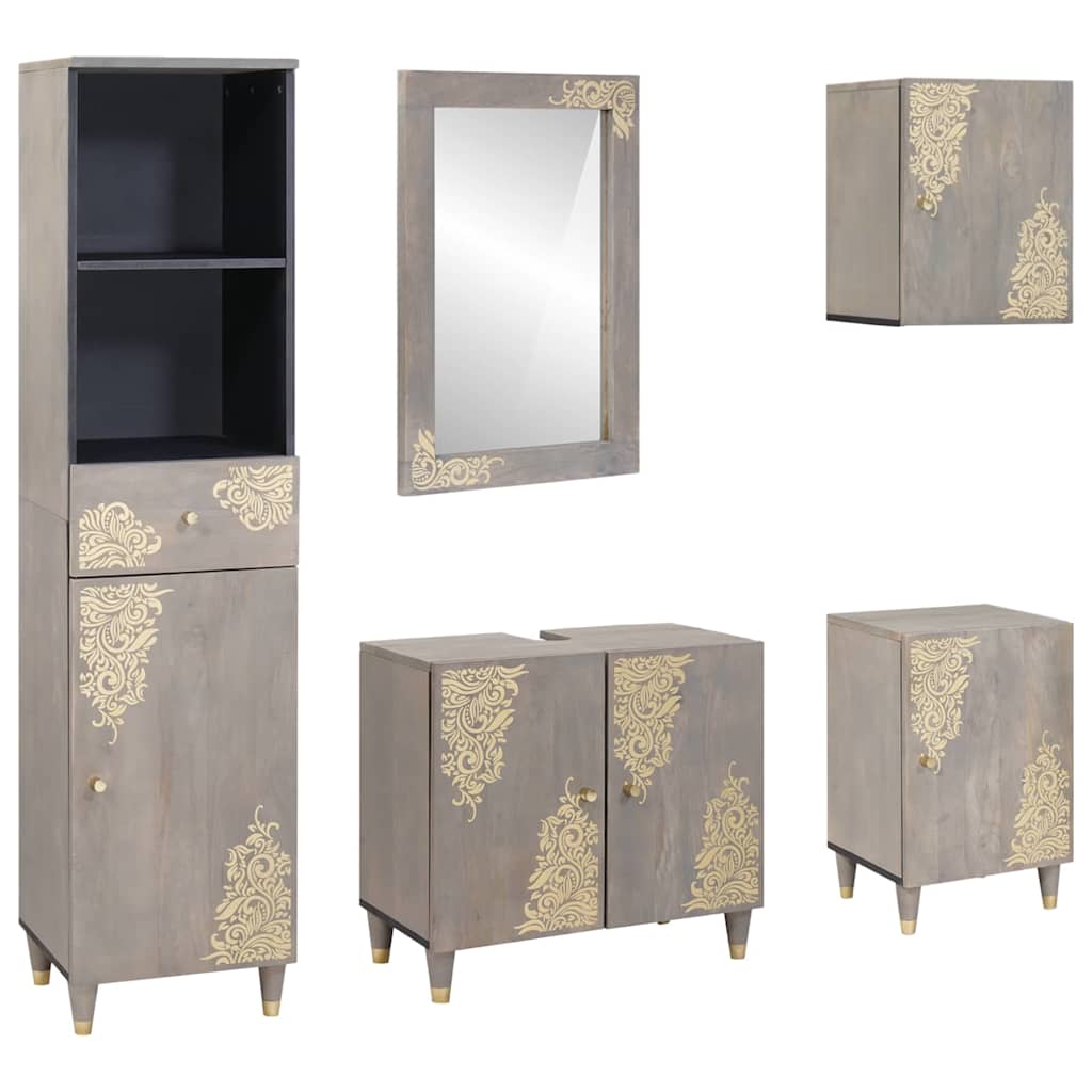 vidaXL Badezimmerschrank-Set Wandmontiert 5 pcs Grau Massivholz Mango