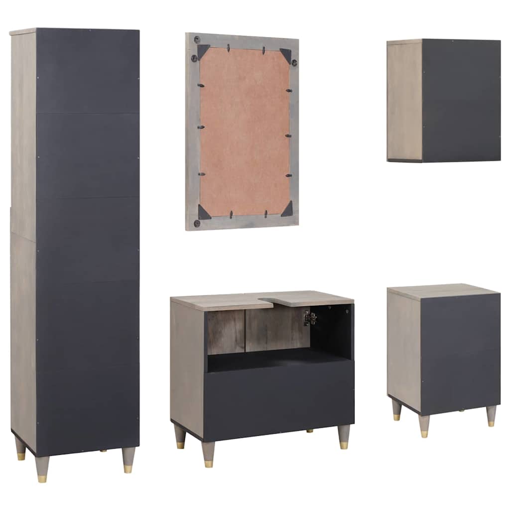 vidaXL Badezimmerschrank-Set Wandmontiert 5 pcs Grau Massivholz Mango
