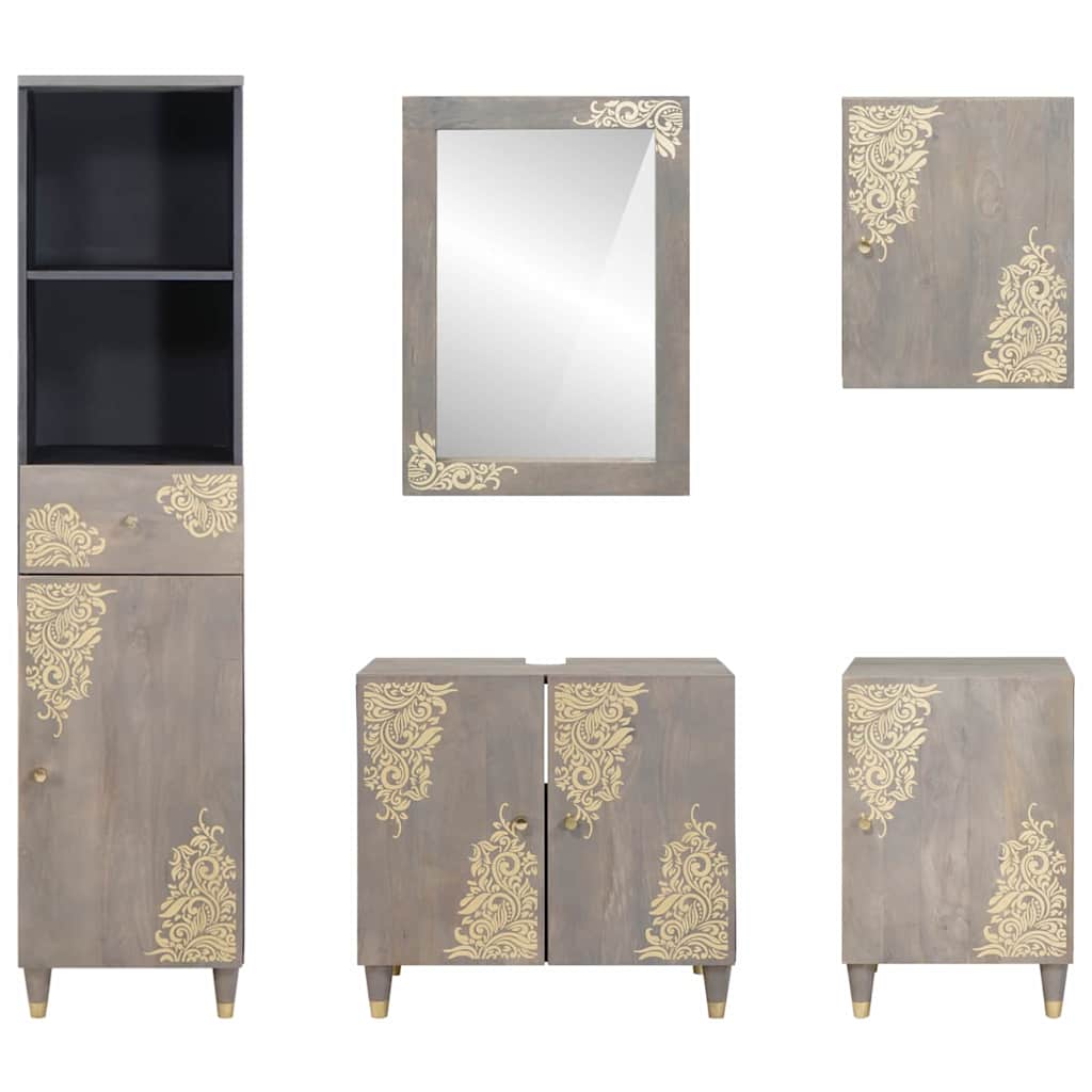 vidaXL Badezimmerschrank-Set Wandmontiert 5 pcs Grau Massivholz Mango