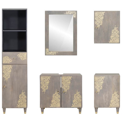 vidaXL Badezimmerschrank-Set Wandmontiert 5 pcs Grau Massivholz Mango