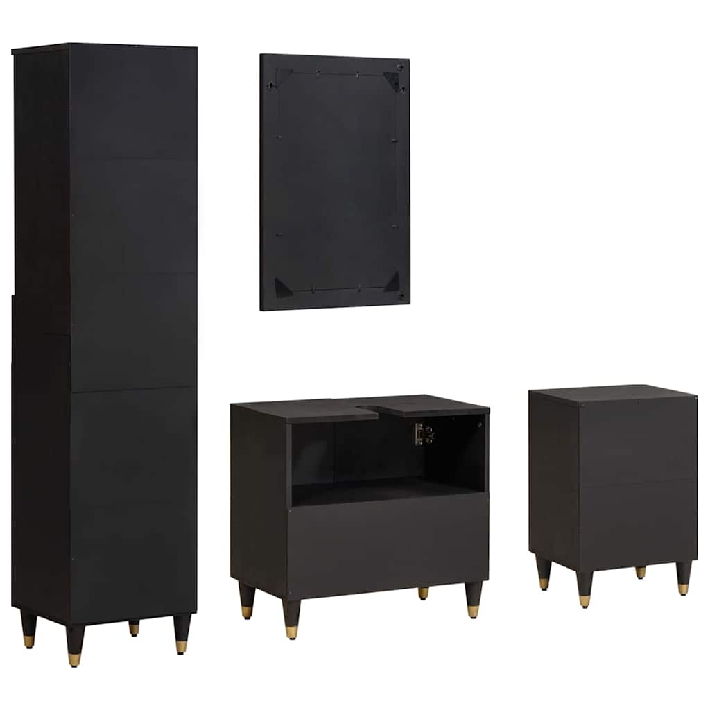 vidaXL Badezimmerschrank-Set mit Tür 4 pcs Schwarz Massivholz Mango