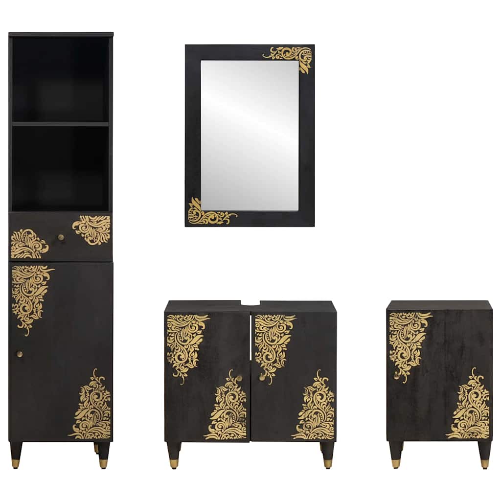 vidaXL Badezimmerschrank-Set mit Tür 4 pcs Schwarz Massivholz Mango