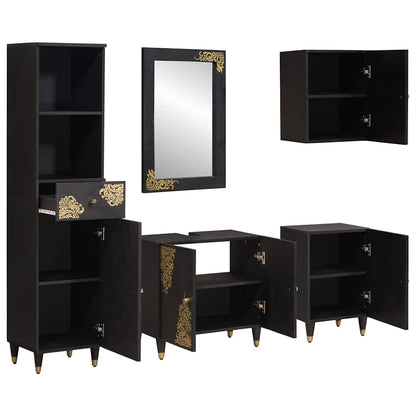 Badezimmerschrank-Set mit Tür 5 pcs Schwarz Massivholz Mango