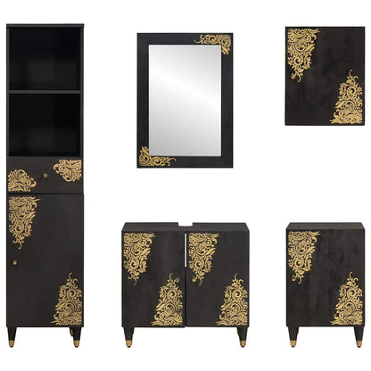 Badezimmerschrank-Set mit Tür 5 pcs Schwarz Massivholz Mango