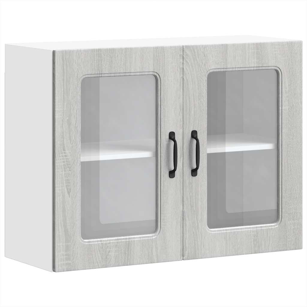vidaXL Meuble haut de cuisine avec porte vitrée Kalmar gris et décor chêne Sonoma, bois d'ingénierie