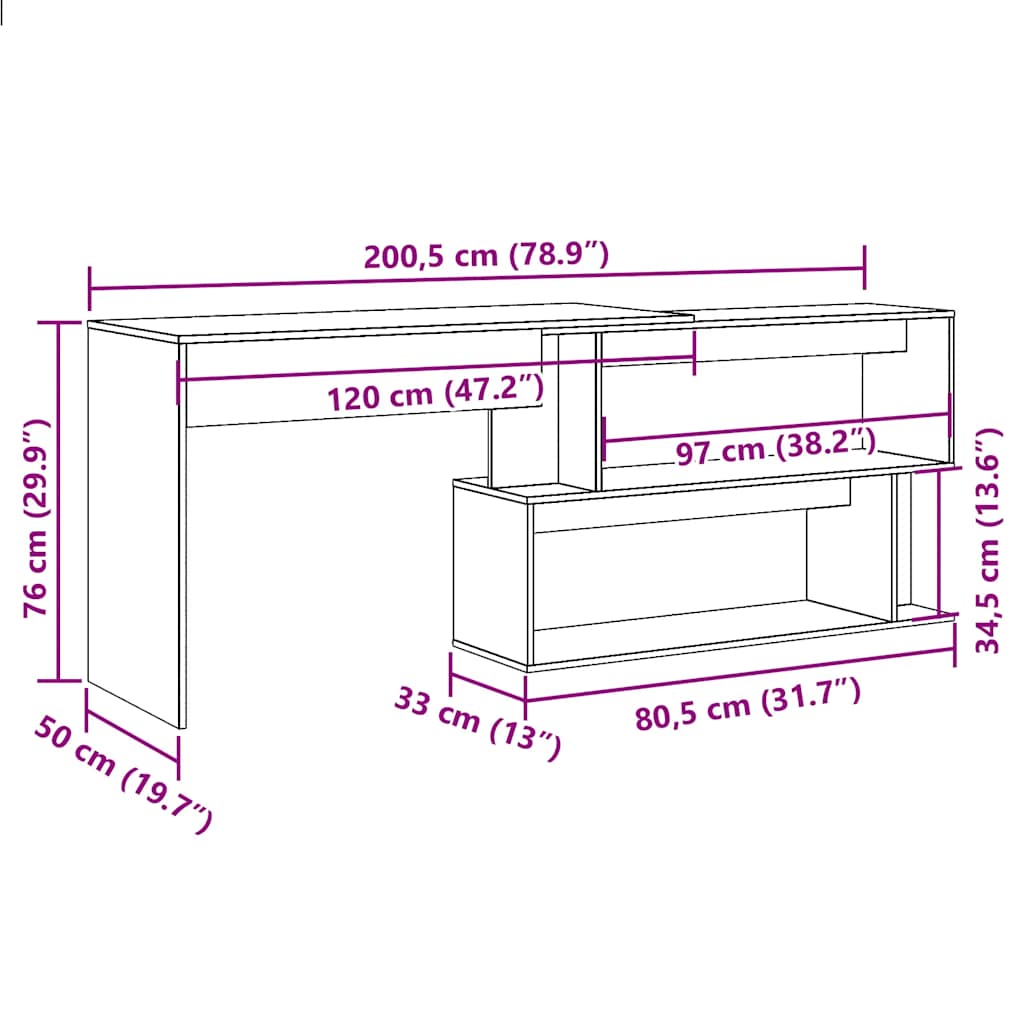 vidaXL Eckschreibtisch Altholz-Optik 200,5x50x76 cm Holzwerkstoff
