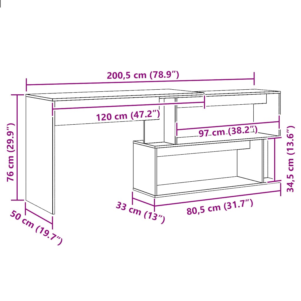 vidaXL Bureau d'angle Chêne artisan 200,5x50x76 cm Bois d'ingénierie