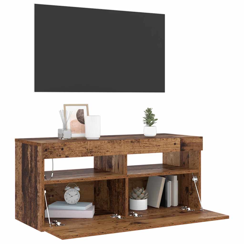 vidaXL Meuble TV avec lumières LED effet bois de récupération 90x35x40 cm