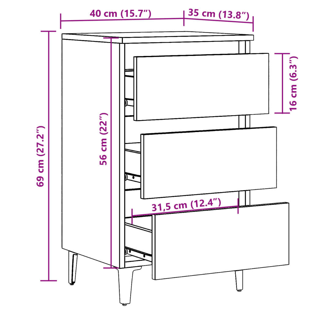 vidaXL Table de chevet avec pieds en métal aspect bois de récupération 40x35x69 cm