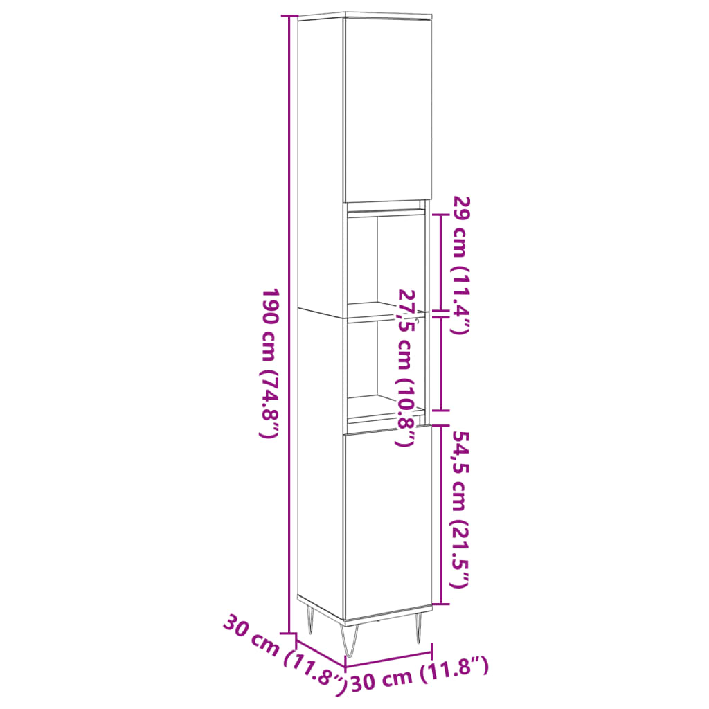 vidaXL Badschrank Betongrau 30x30x190 cm Holzwerkstoff