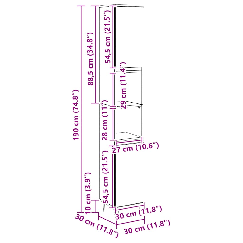 vidaXL Meuble de salle de bain chêne artisan 30x30x190 cm bois d'ingénierie