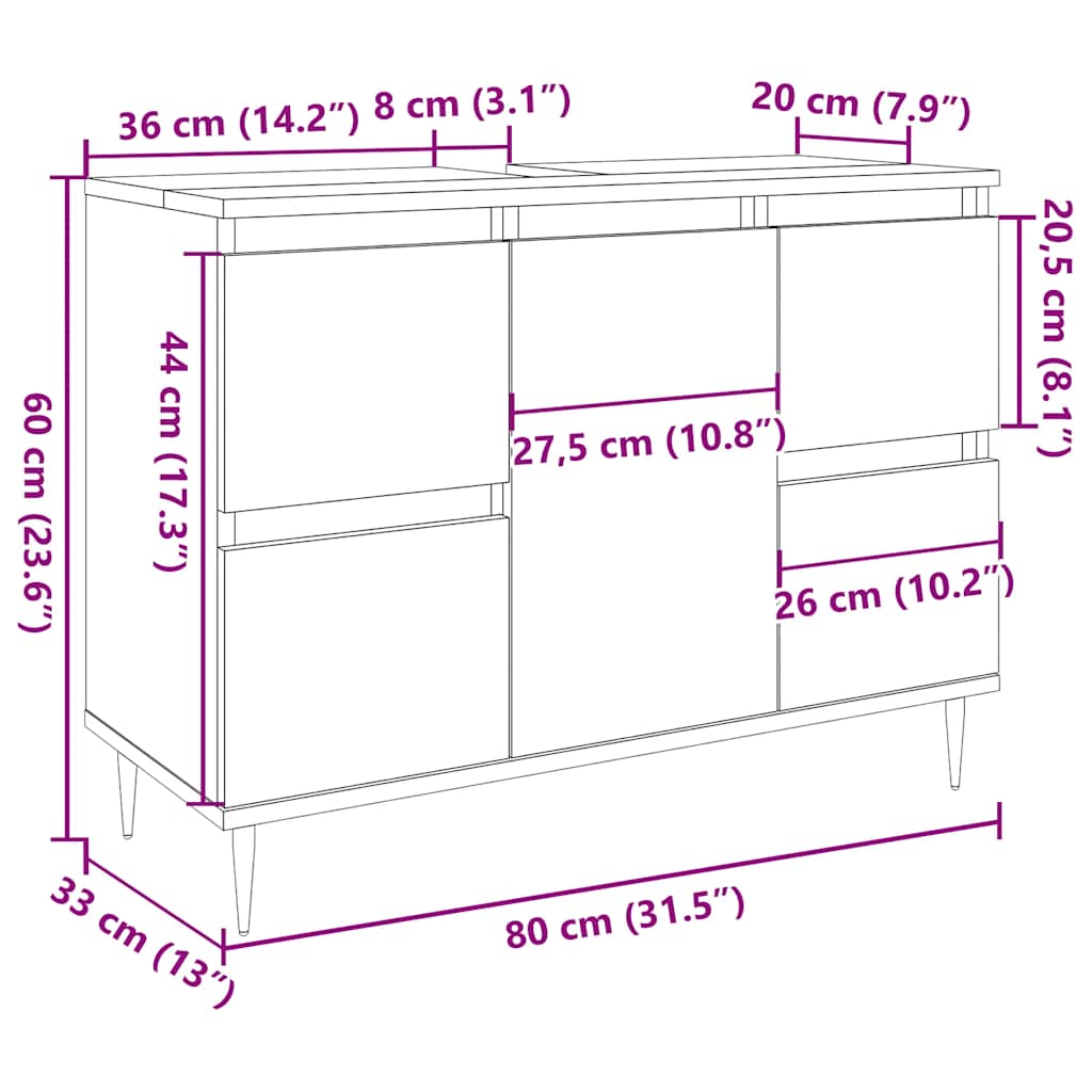 vidaXL Badschrank Betongrau 80x33x60 cm Holzwerkstoff