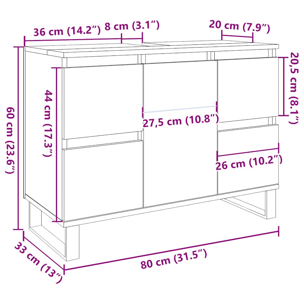 vidaXL Waschbeckenunterschrank Betongrau 80x33x60 cm Holzwerkstoff