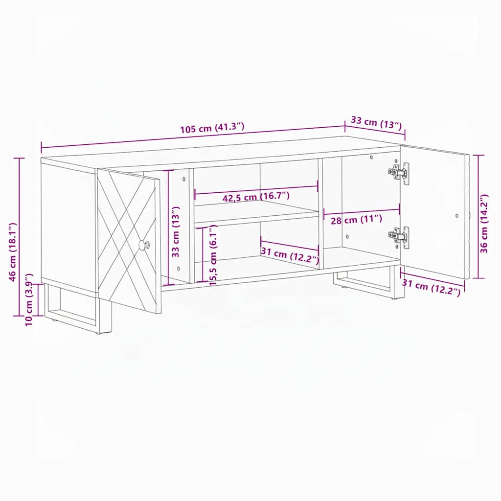 vidaXL TV-Schrank Schwarz 105x33x46 cm Massivholz Mango