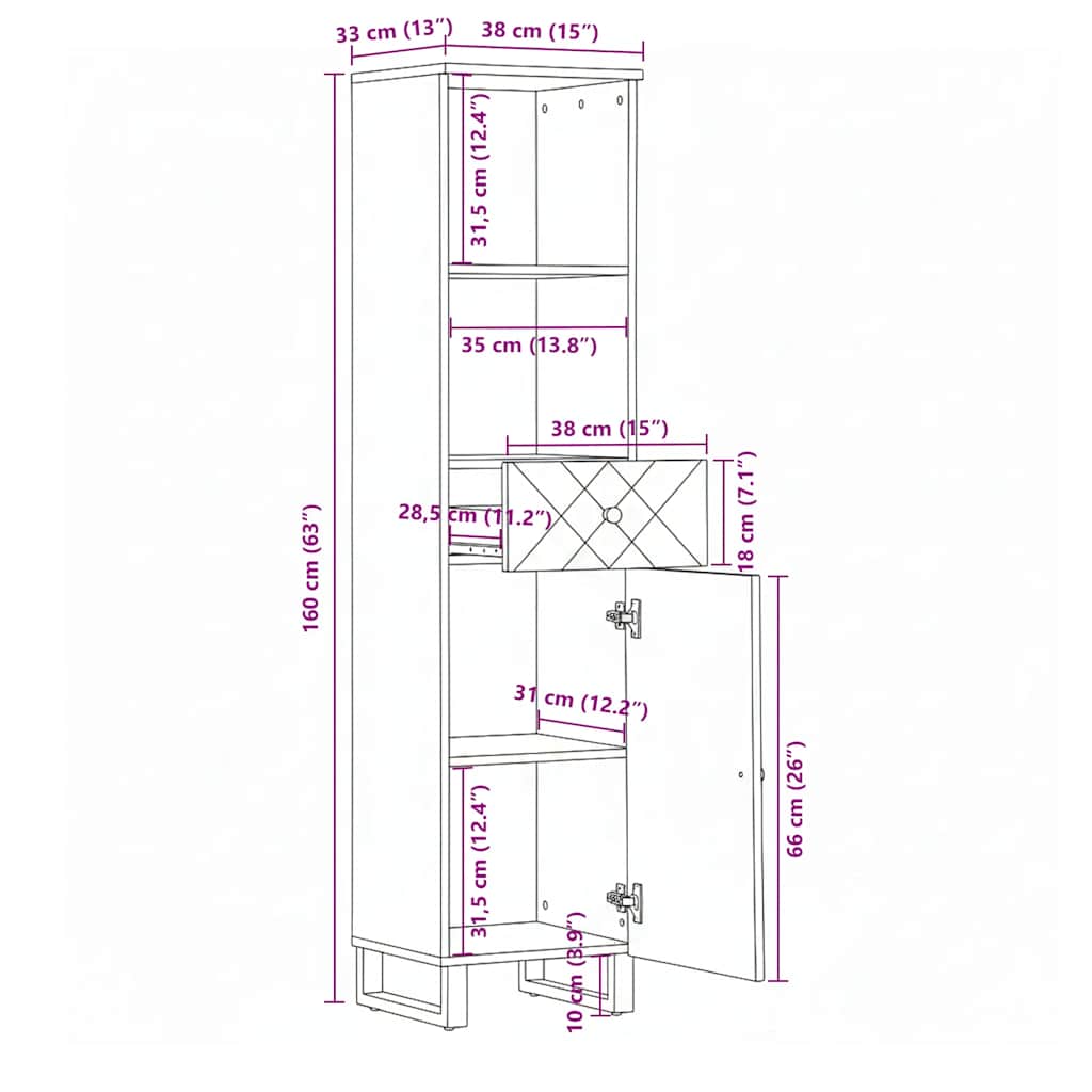 Badschrank Schwarz 38x33x160 cm Massivholz Mango