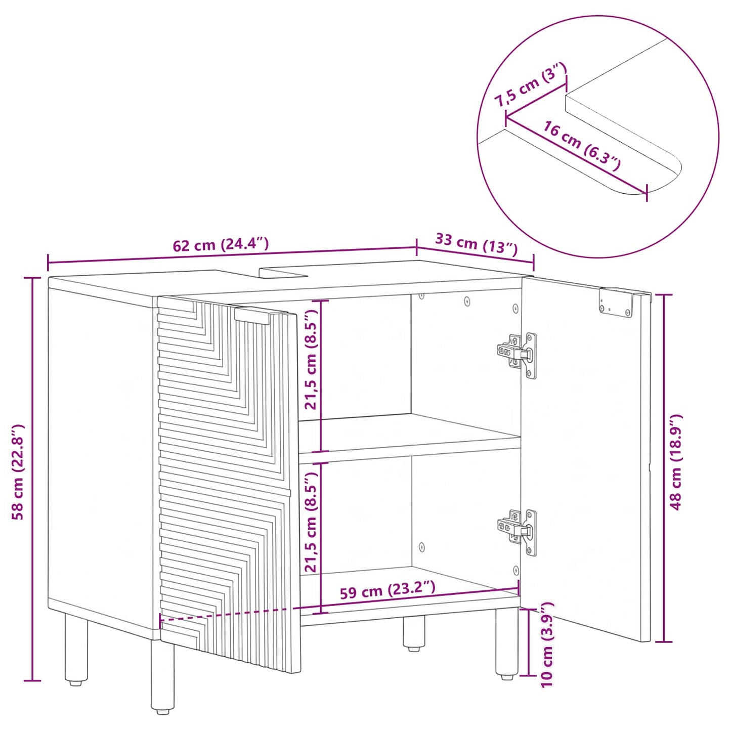 vidaXL Waschbeckenschrank mit Regal Massivholz Akazie 62 x 33 x 58 cm