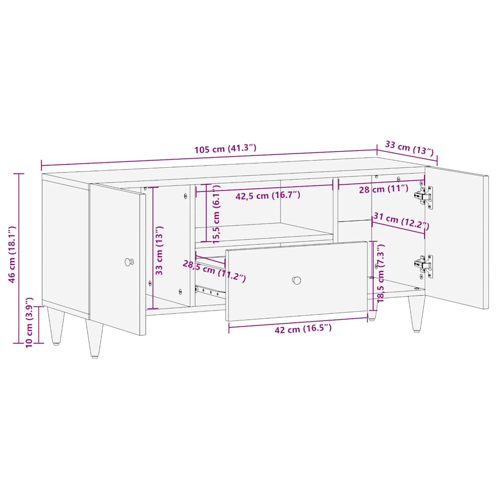 TV-Schrank Hellgrau 105x33,5x46 cm Massivholz Mango