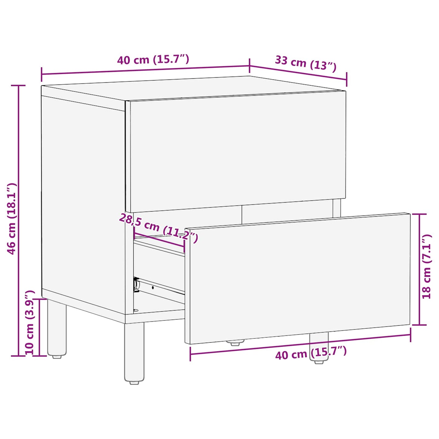 Nachttisch mit Schubladen Weiß 40 x 33 x 46 cm Massivholz Mango