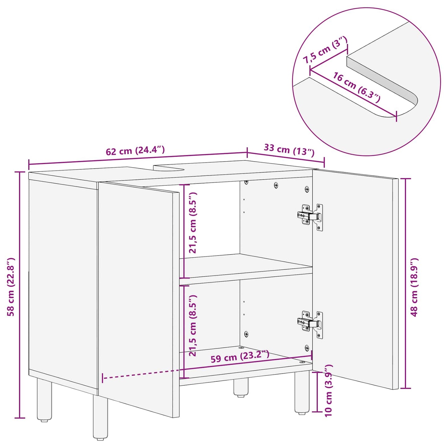 vidaXL Waschbeckenschrank Weiß 62 x 33 x 58 cm Massivholz Mango