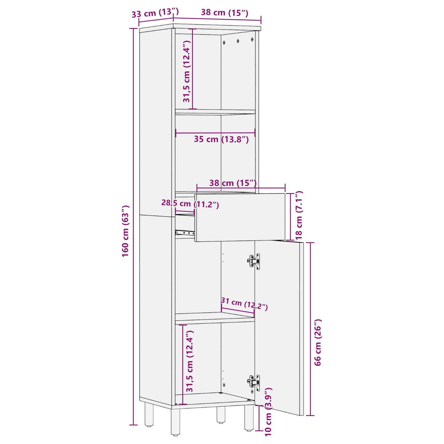 vidaXL Badezimmerschrank mit Regal Schwarz und Weiß 38 x 33 x 160 cm