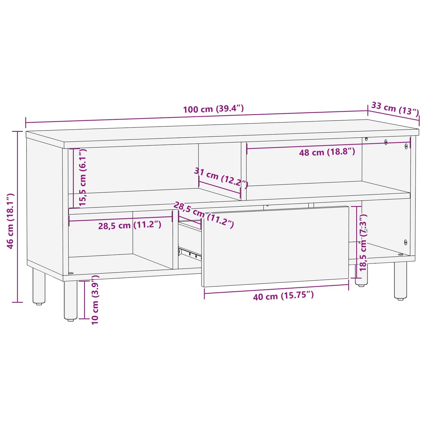 vidaXL TV-Schränk mit Regal Akazienbraune Oberfläche 100 x 33 x 46 cm
