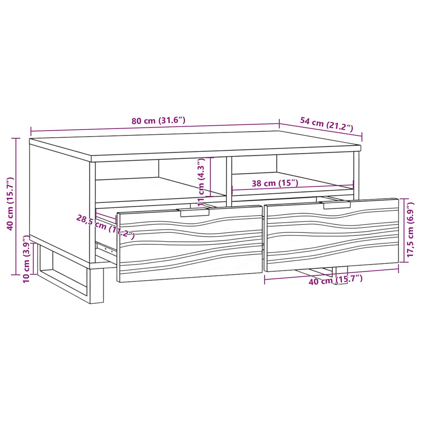 vidaXL Couchtisch Braun und Schwarz 80 x 54 x 40 cm Massivholz Akazie