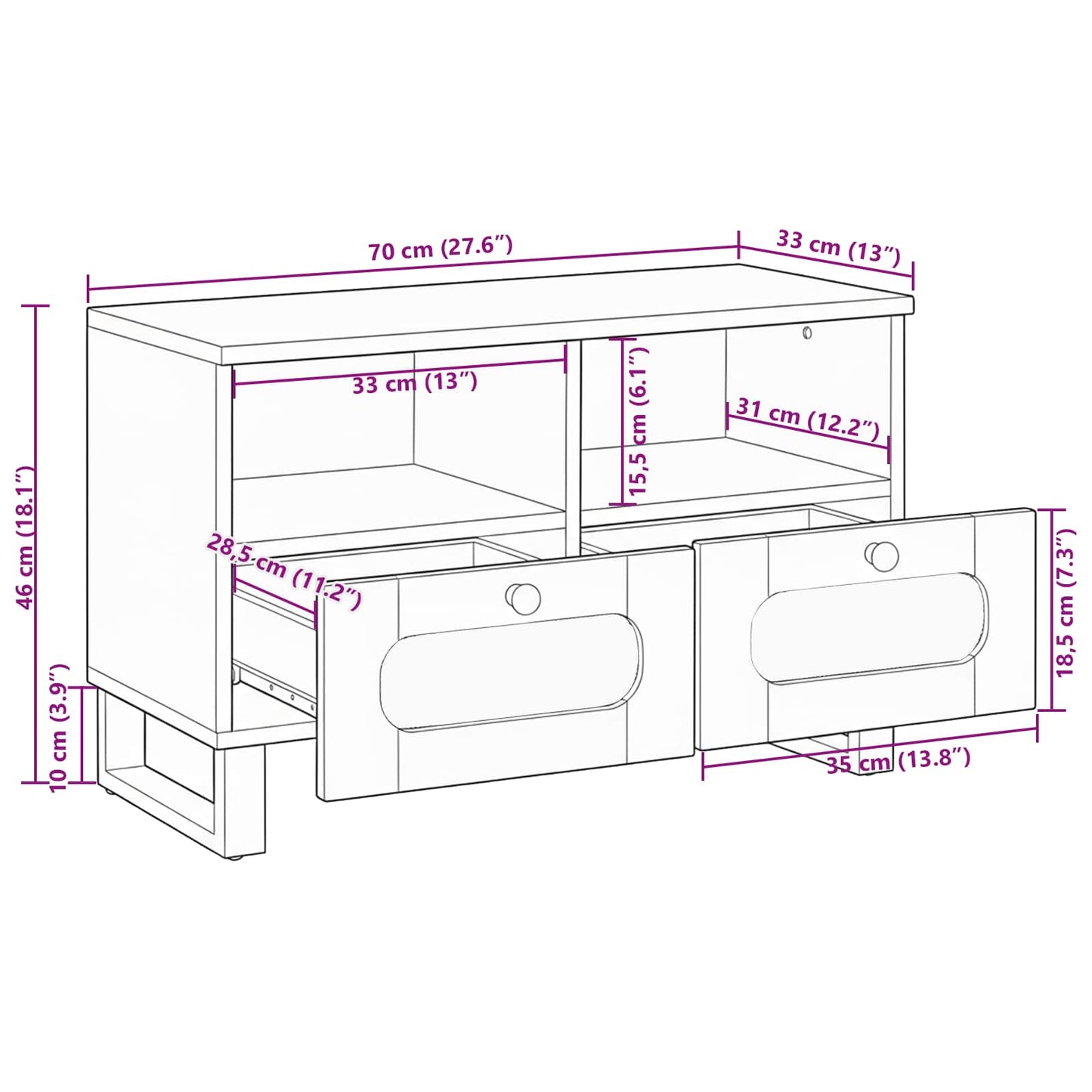 vidaXL TV-Schränk mit Regal Braun 70 x 33 x 46 cm Massivholz Mango