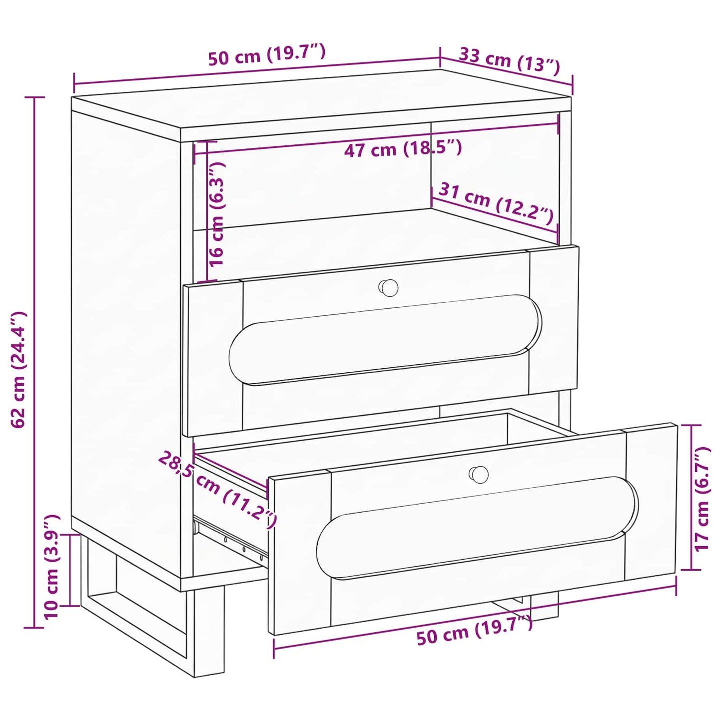 vidaXL Nachttisch Natur 50 x 33 x 62 cm Massivholz Mango