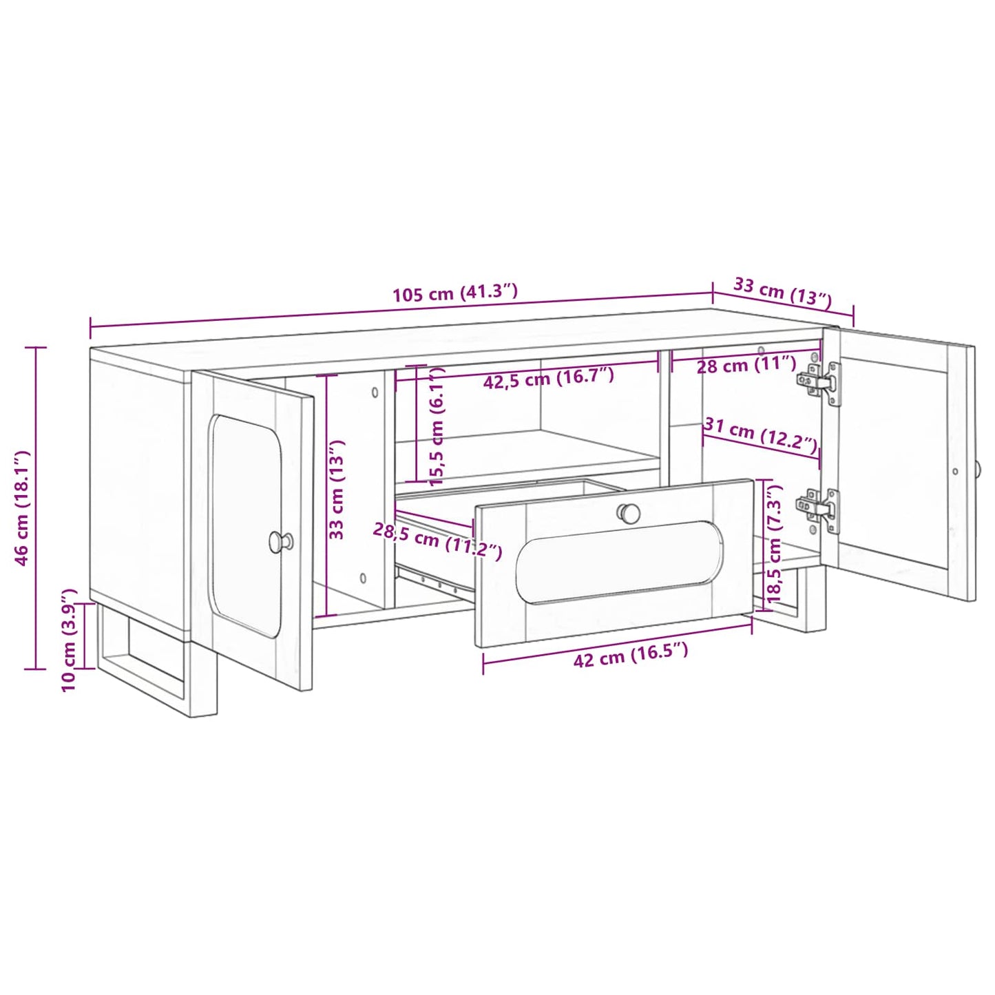 vidaXL TV-Schränk mit Speicher Braun 105 x 33 x 46 cm Massivholz Mango