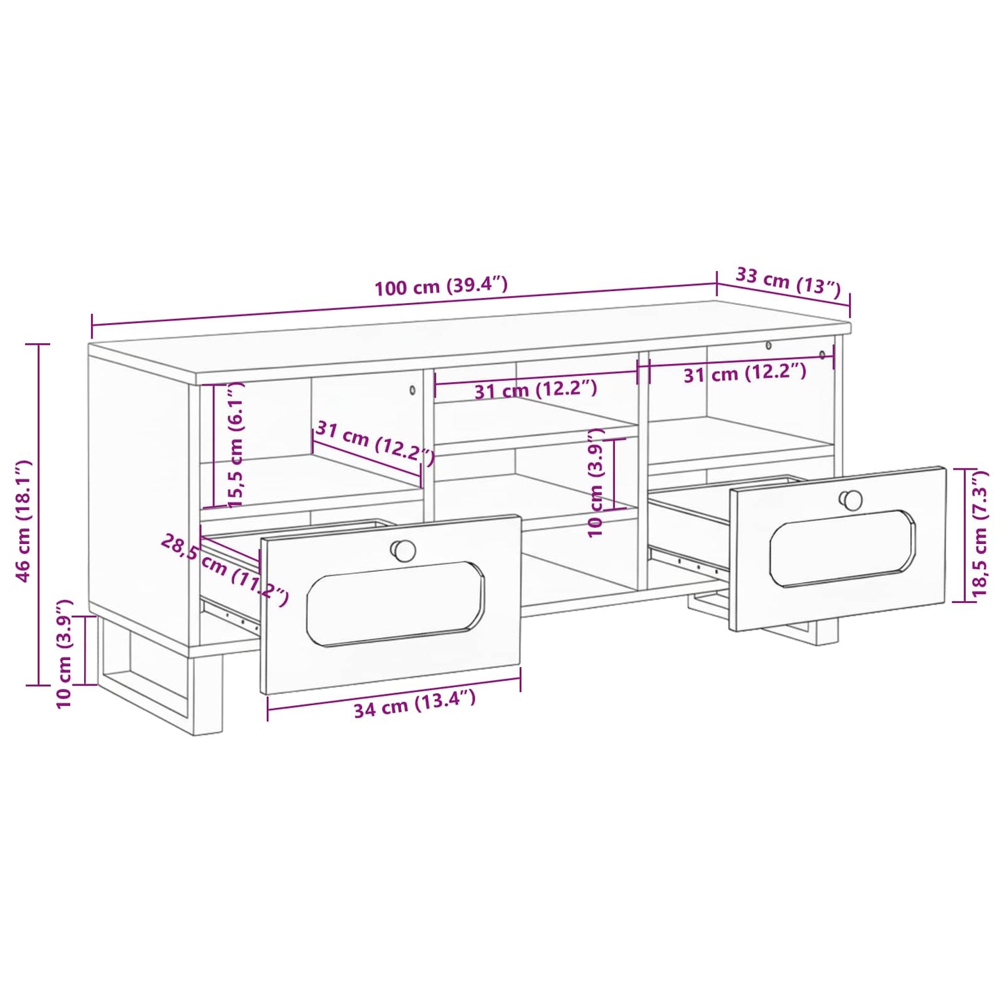 vidaXL TV-Schränk mit Regal Braun 100 x 33 x 46 cm Massivholz Mango