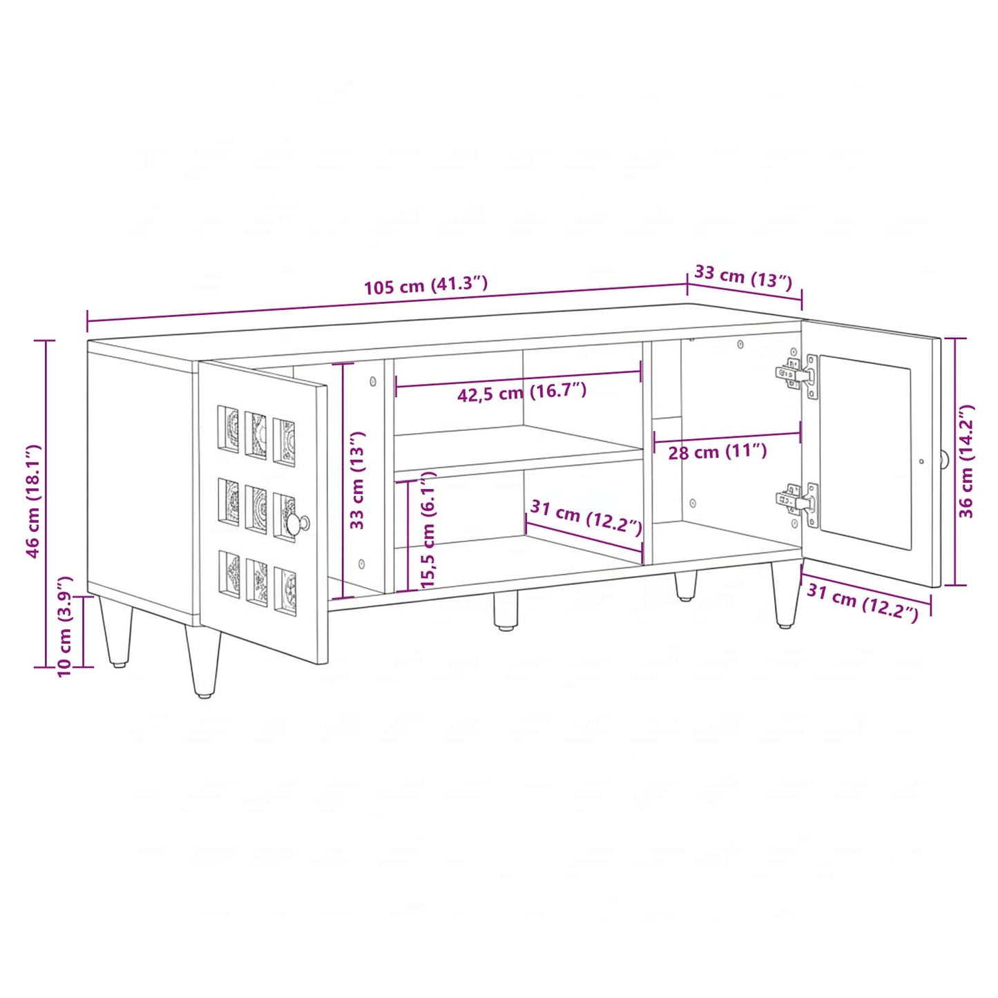 vidaXL TV-Schränk mit Regal Walnuss 105 x 33 x 46 cm Massivholz Mango