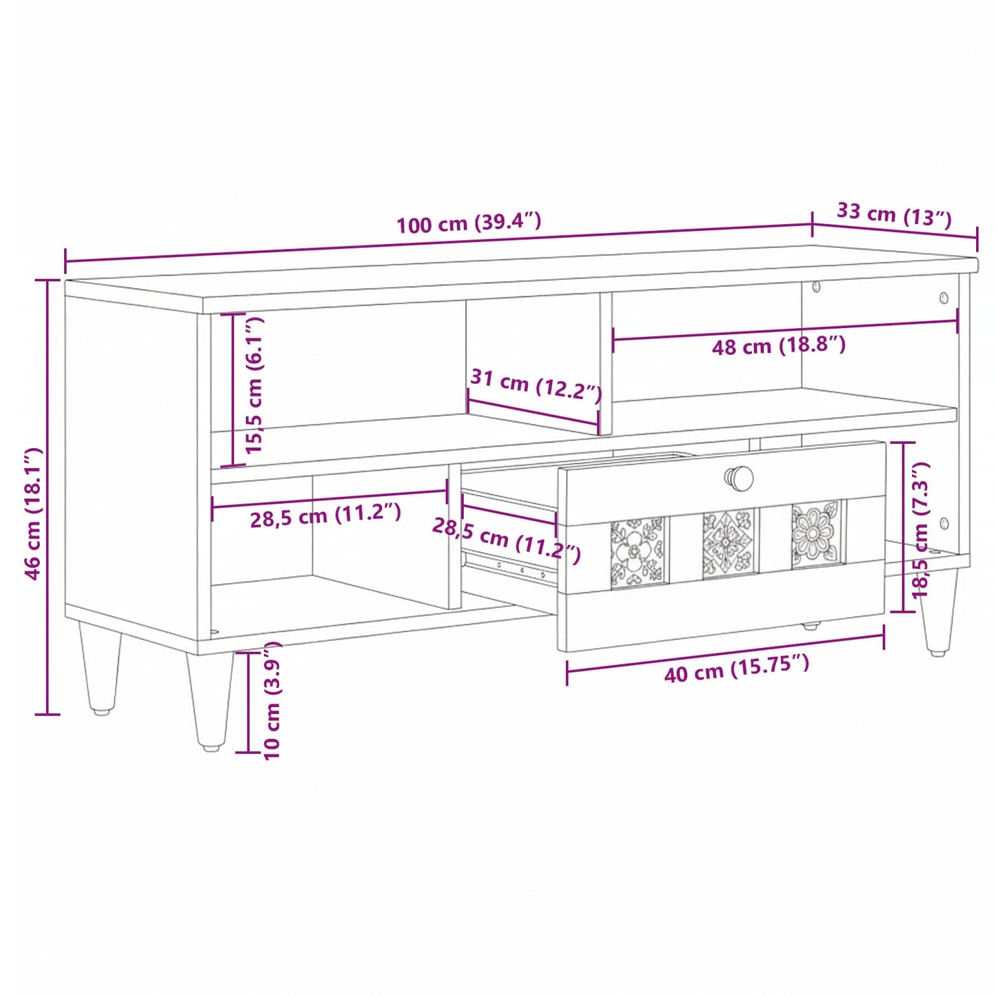 vidaXL TV-Schränk mit Regal Walnuss 100 x 33 x 46 cm Massivholz Mango