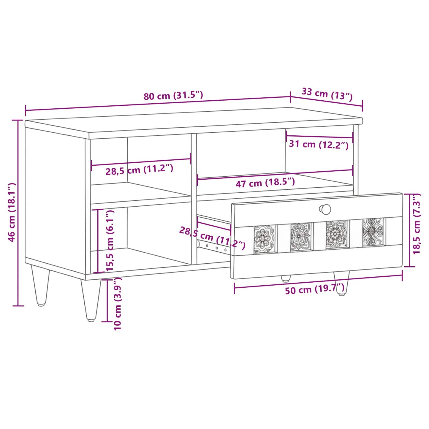 vidaXL TV-Schränk mit Regal Walnuss 80 x 33 x 46 cm Massivholz Mango
