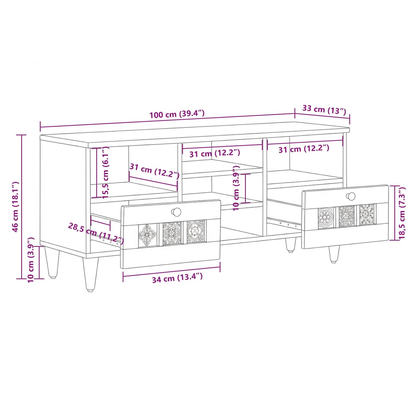 vidaXL TV-Schränk mit Regal Walnuss 100 x 33 x 46 cm Massivholz Mango
